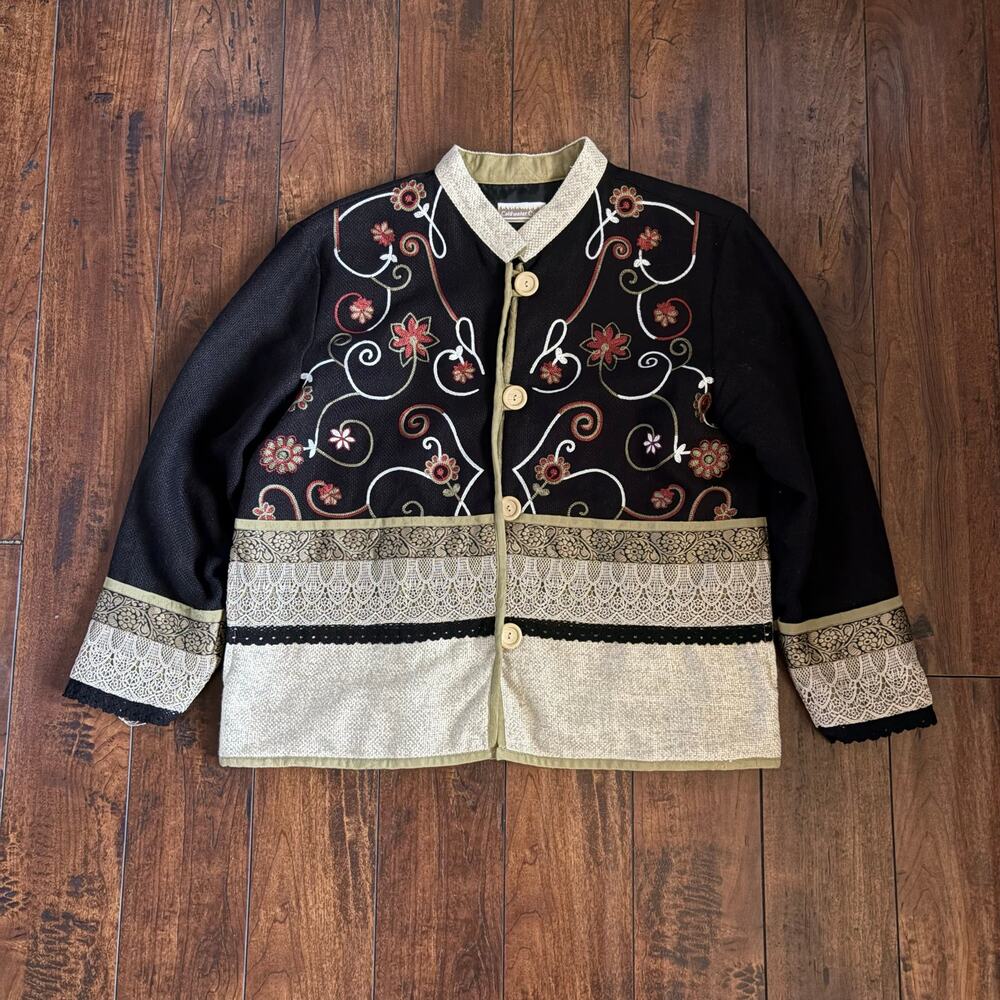 Coldwater Creek Jacket Womens M Black Embroidered Floral Tapestry Art to Wear
